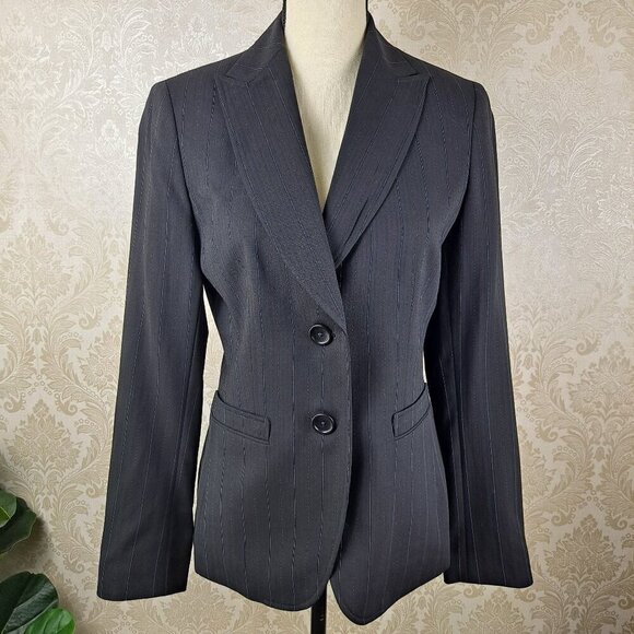 Ann Taylor Size 4 Navy Blue Pinstriped Blazer 2 Button Shoulder Pads Wool Lined - Picture 1 of 13